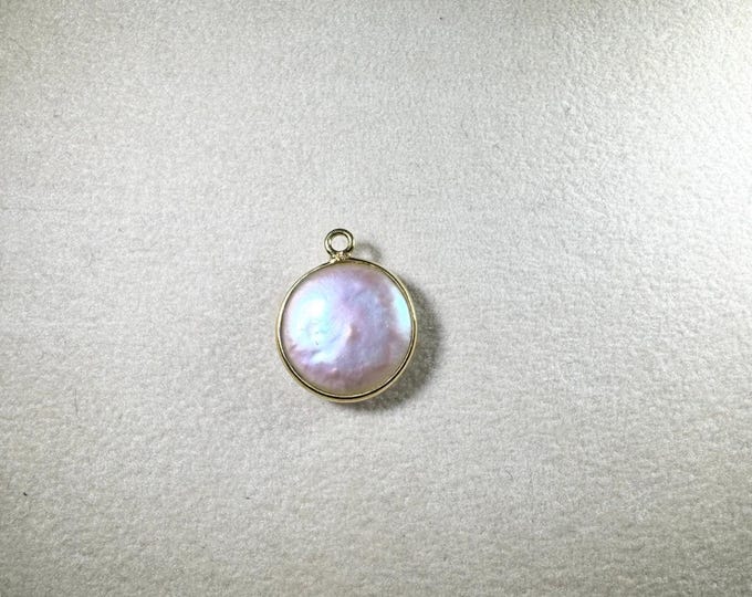 Fresh water pearl round 14mm silver 925 bezel pendants with silver/vermeil polish- Jewelry Making Supplies