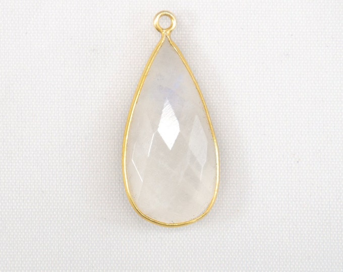 Rainbow Moonstone Pear Shape 15x30mm Faceted Gold Bezel pendant with vermeil polish- Jewelry Making Supplies