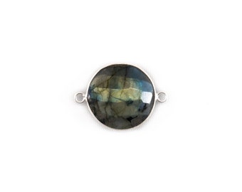 Labradorite Round Shape 20 MM 925 Silver Bezel two Loop connector- Jewelry Making Supplies