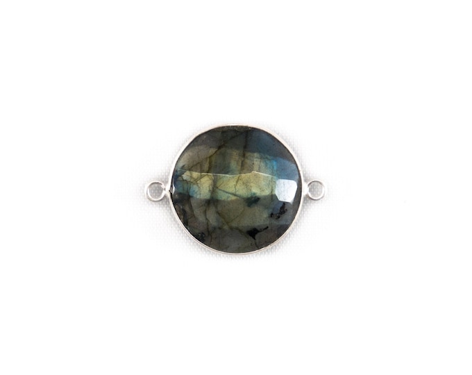 Labradorite Round Shape 20 MM 925 Silver Bezel two Loop connector- Jewelry Making Supplies