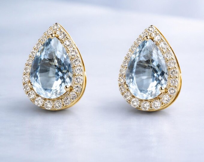 Aquamarine Drop Earrings, 18K Gold Teardrop Earrings, Aquamarine Diamond Halo, March Birthstone, Statement Earrings