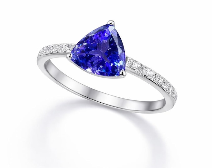Trillion Tanzanite Ring, 18K White Gold Cocktail Ring, Large Tanzanite Diamond Ring, December Birthstone, Statement Ring