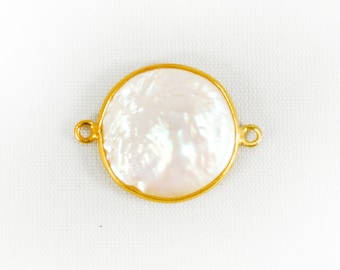 Freshwater Pearl Coin Shape 18mm Connector Pendant Charm- Jewelry Making Supplies