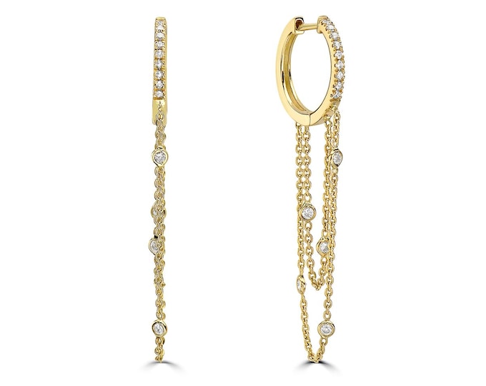 Diamond Chandelier Earrings, 14K Gold Drop Earrings, Bezel Set Diamond Hoops, Luxury Dangle Earrings, Wedding Jewelry