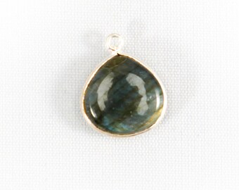 Labradorite Silver Bezel Natural Gemstone Pendant Smooth Heart Shape 14mm - Jewelry Making Supplies