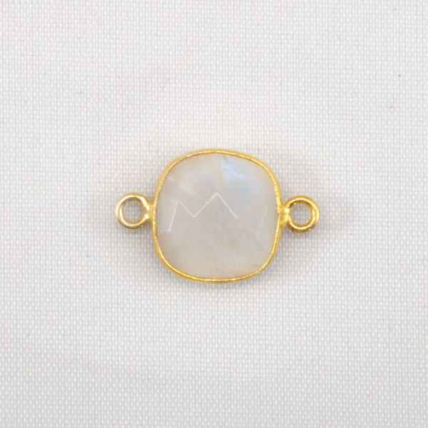 Rainbow Moonstone cushion Shape 12mm Gold Bezel Connector with Vermeil Polish- Jewelry Making Supplies