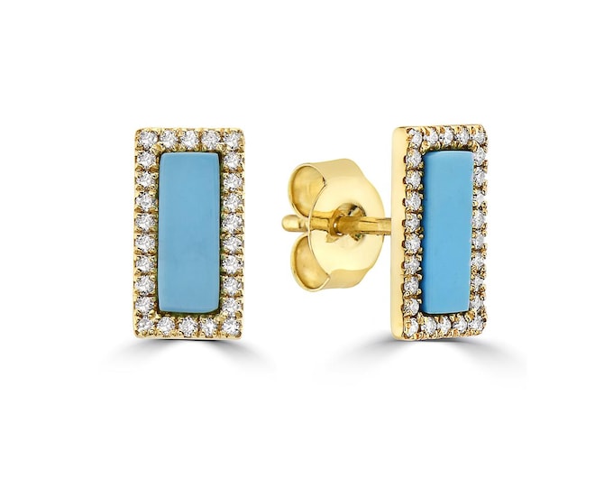Turquoise Stud Earrings, 14K Gold Turquoise Diamond Studs, December Birthstone, Dainty Everyday Earrings, Gift for Her