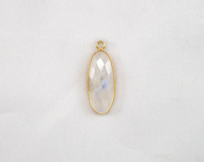 Rainbow Moonstone Oval Shape 10x25MM Bezel Pendant with Gold Vermeil Polish- Jewelry Making Supplies