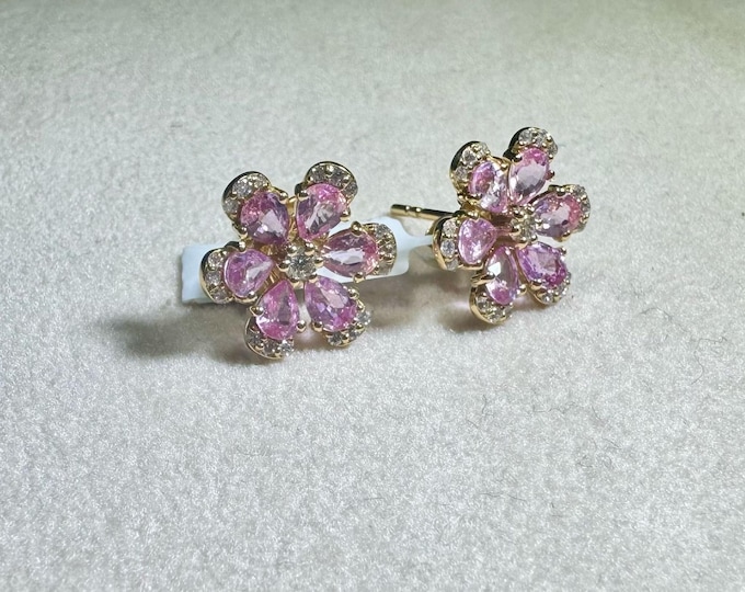 Pink Sapphire Earrings, 18K Gold Floral Stud Earrings, Flower Sapphire Earrings, Pink Gemstone Studs, Gift for Her