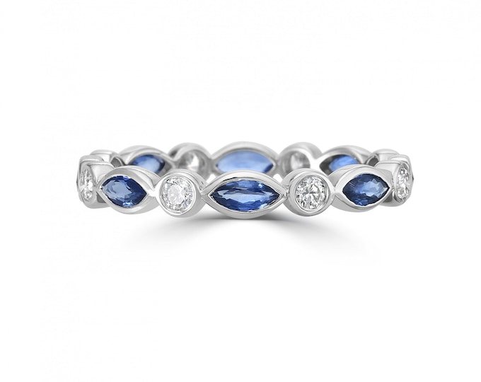 Blue Sapphire Band Ring, 14K White Gold Eternity Band, Sapphire Anniversary Band, September Birthstone, Stacking Ring
