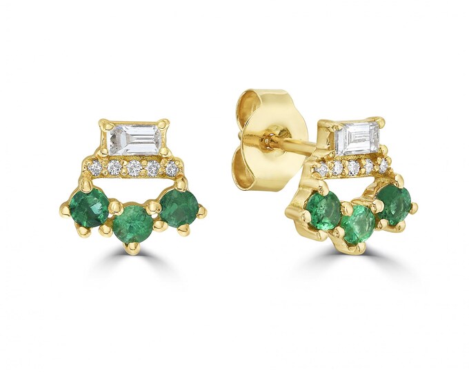 Emerald Stud Earrings, 18K Gold Halo Studs, Emerald Diamond Earrings, May Birthstone Gift, Green Gemstone Studs