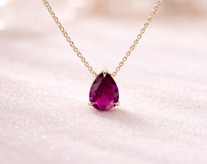 Rubellite Pendant Necklace, 18K Gold Pear Drop Necklace, Pink Tourmaline Necklace, Statement Pendant, Gift for Wife