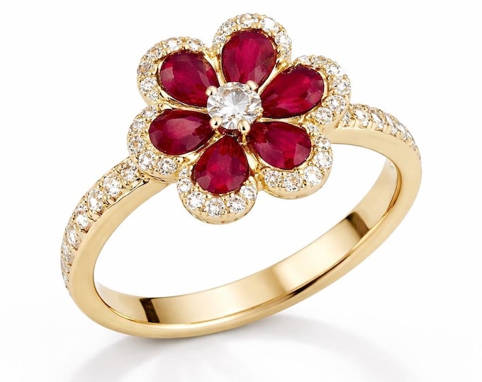 Ruby Floral Ring, 18K Yellow Gold Flower Ring, Pear Ruby Diamond Halo Ring, July Birthstone, Engagement Ring Alternative