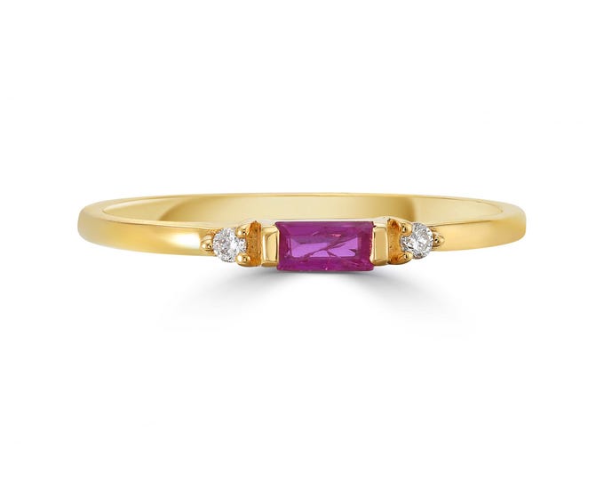 Dainty Ruby Ring, 18K Yellow Gold Bar Ring, Minimalist Ruby Diamond Ring, July Birthstone Gift, Everyday Fine Jewelry