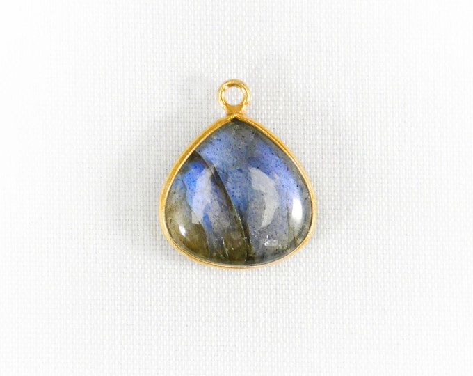 Labradorite Gold Bezel Gemstone Pendant Smooth Heart Shape 14mm- Jewelry Making Supplies