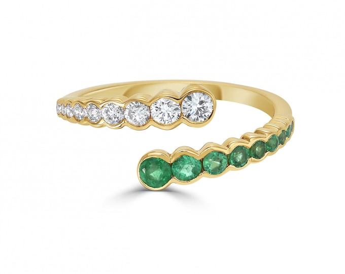Emerald Wrap Ring, 18K Yellow Gold Bypass Ring, Emerald Diamond Ring, May Birthstone Gift, Nature Inspired Jewelry