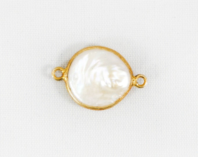 15mm Freshwater Pearl Connectors, Gold Rectangle Two Loop White Charms , Small Natural Shell Gold Edge Links