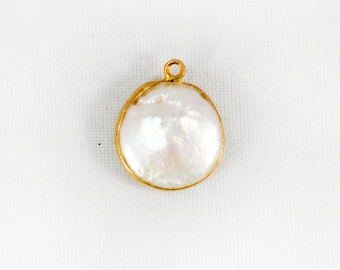 Freshwater Pearl Coin Shape 15mm Pendant Charm- Jewelry Making Supplies