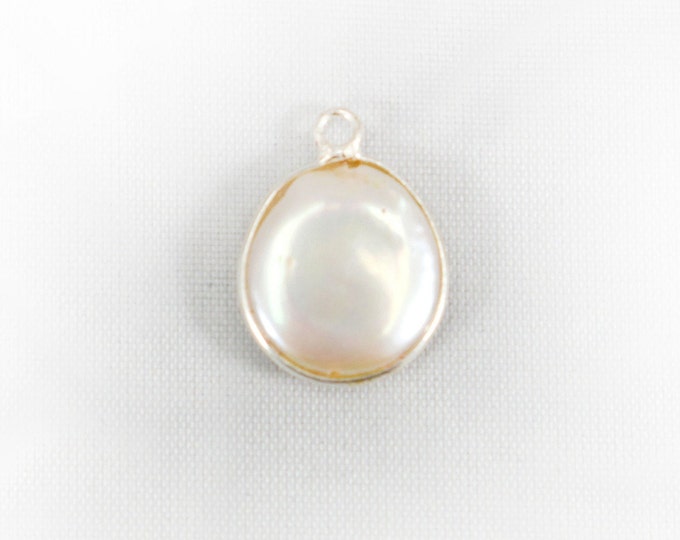 Freshwater Pearl Coin Shape 15mm Pendant Silver Bezel Charm- Jewelry Making Supplies
