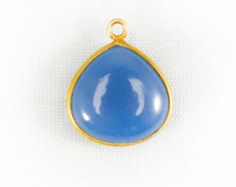 Blue Chalcedony Gold Bezel Gemstone Pendant Smooth Heart Shape 14mm- Jewelry Making Supplies