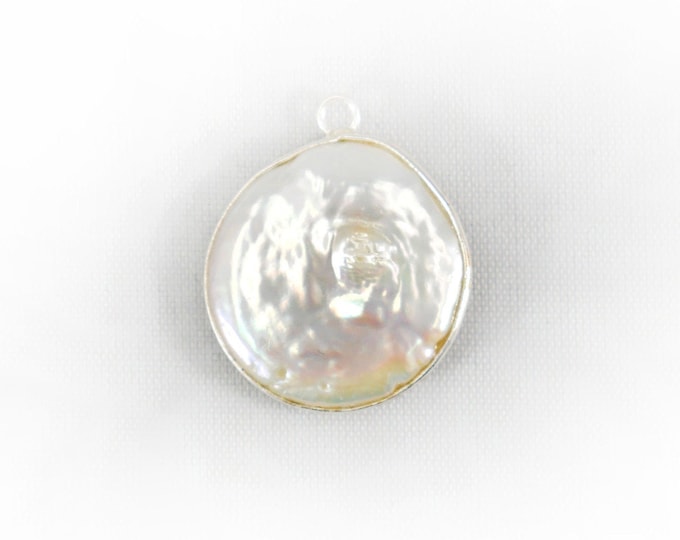 Freshwater Pearl Coin Shape 20mm Pendant Silver Bezel Charm- Jewelry Making Supplies