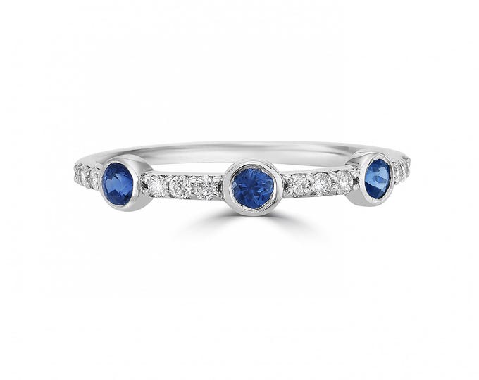 Blue Sapphire Diamond Band Ring, 14K White Gold Three Stone Ring, Sapphire Wedding Band, Anniversary Gift for Her