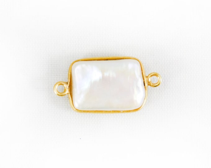 Freshwater Pearl Connectors, Gold Rectangle Two Loop White Charms 12-16mm, Small Natural Shell Gold Edge Links