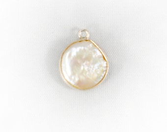 Freshwater Pearl Coin Shape 12mm Silver Bezel Pendant Charm- Jewelry Making Supplies