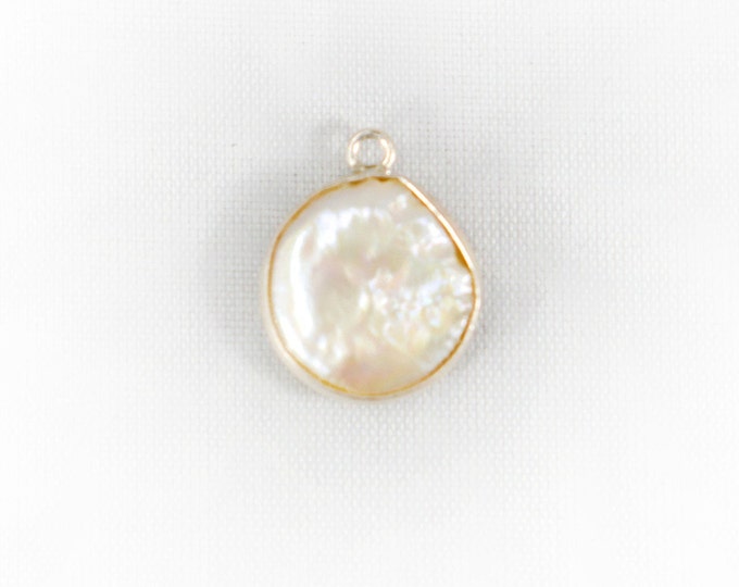 Freshwater Pearl Coin Shape 12mm Silver Bezel Pendant Charm- Jewelry Making Supplies