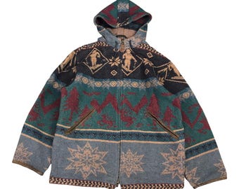 May include: A hooded jacket with a colorful, geometric pattern. The jacket is made of a thick, woven fabric and has a zipper closure. The pattern features a variety of colors, including blue, green, red, and brown.