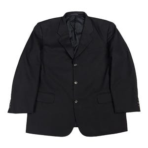 May include: A black blazer with a three-button closure and two pockets.
