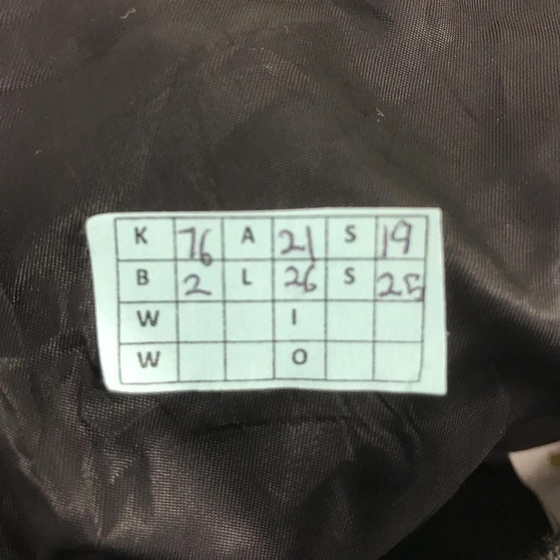 Może przedstawiać: Zbliżenie etykiety z ręcznie napisanymi cyframi i literami. Etykieta jest biała z siatką p&oacute;l. Numery obejmują 76, 21, 19, 26, 25 i 2. Tło to ciemna, teksturowana tkanina.