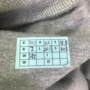 May include: Close-up of gray fabric with a sewn seam. A small, light green and white tag is attached, displaying black numbers and letters in a grid format. The fabric appears to be a soft knit material.