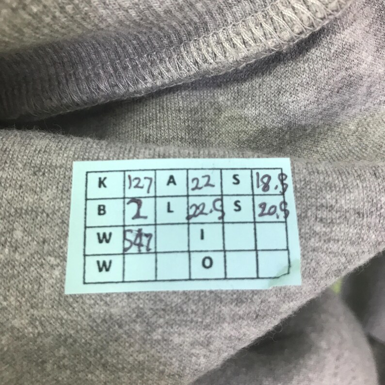 May include: Close-up of gray fabric with a sewn seam. A small, light green and white tag is attached, displaying black numbers and letters in a grid format. The fabric appears to be a soft knit material.
