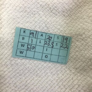 以下が含まれることがあります： 手書きの数字と文字が黒インクで書かれた、小さく長方形の薄い青色のタグ。 タグはグリッドのようなセクションに分かれており、9、20、1、23.8、19、22、50などの数字があります。 タグは白いテクスチャのある表面にあります。