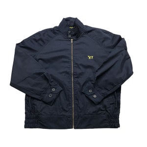May include: A navy blue jacket with a zipper closure and a yellow embroidered "Y!" logo on the chest.