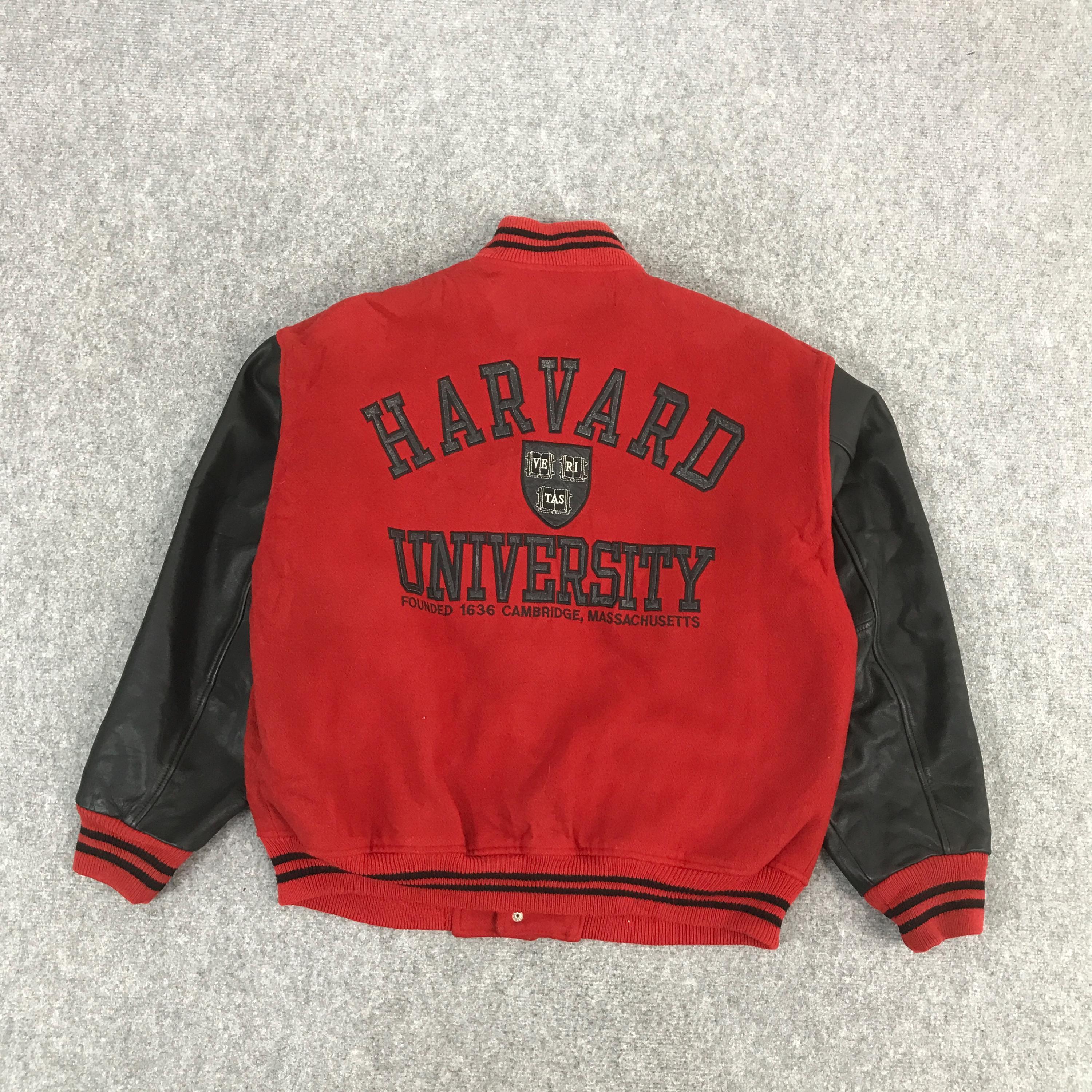 Vtg Harvard University Varsity Sleeve Leather Jacket Snap Button