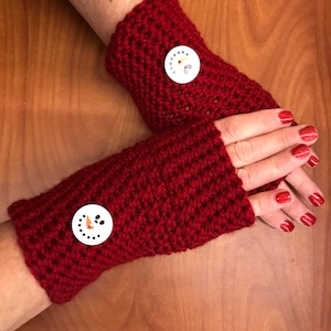 Cranberry Wrist Warmers with Snowman Button