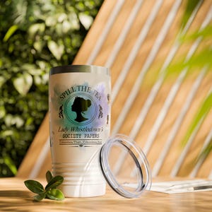 Bridgerton Tumbler: &quot;Dearest Gentle Reader&quot; Stainless Steel Travel Mug, Lady Whistledown Sillouette