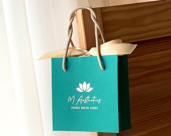 50pcs Small Teal Paper Gift Bag with Gold Satin Bow and Personalized Logo – Jewelry Accessories Boutique Packaging, Bridal Guest Favors Bag