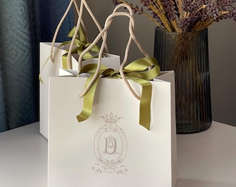 50pcs Cream Grey Store Packaging Bags with Bow | Alabaster Custom Logo Print Paper Bag  –  Gift Packaging for Weddings and Small Businesses