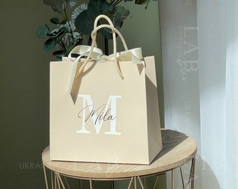 Cream packaging gift bag with personalization, custom branded jewelry bag, shopping paper bag with bow, ,  favor bags for wedding day 50pcs