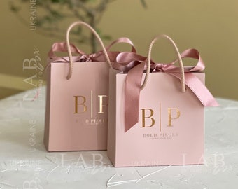 Gift paper bag with bow, pale pink shopping bag with custom logo, 15pcs