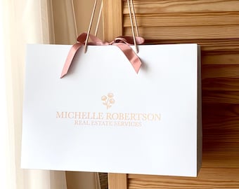 50pcs Personalized White Rose Gold Paper Bag with Custom Logo and Bow | Elegant Gift Packaging for Boutique, Cosmetics, Decor, Wedding gifts
