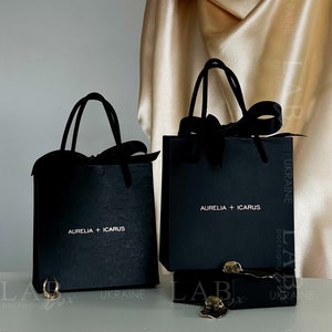 SALE - Custom paper black bag with satin bow and gold logo | groomsmen gift bag | shopping bag for candle, jewelry, cosmetic 50pcs