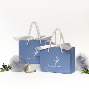Dusty blue gift paper bag with white satin bow, jewelry shopping bag with custom logo, bridesmaid guest bags, small bags for events 50pcs