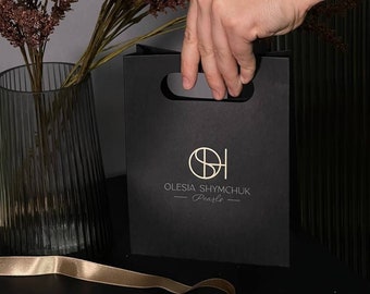 50 Black paper bags with custom gold logo for jewelry , personalizeded  packaging for care products and cosmetics, bridesmaid gift bag