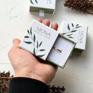 Pequena caixa de anel verde oliva branca com logotipo de impressão personalizado, caixa de embalagem de gaveta de joias rígida, laço de anel deslizante com almofada - 50 unidades