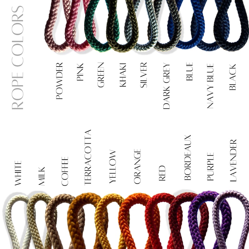 May include: A color chart displaying samples of rope in various colors, including white, pink, green, and black. The text "Rope Colors" is displayed vertically on the left side, with color names below each rope sample.