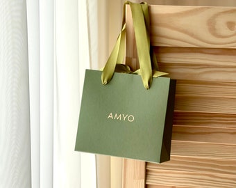 Olive green packaging gift bag with personalization, custom wedding day bag , shopping paper bags with ribbon handles , bag with bow 50pcs